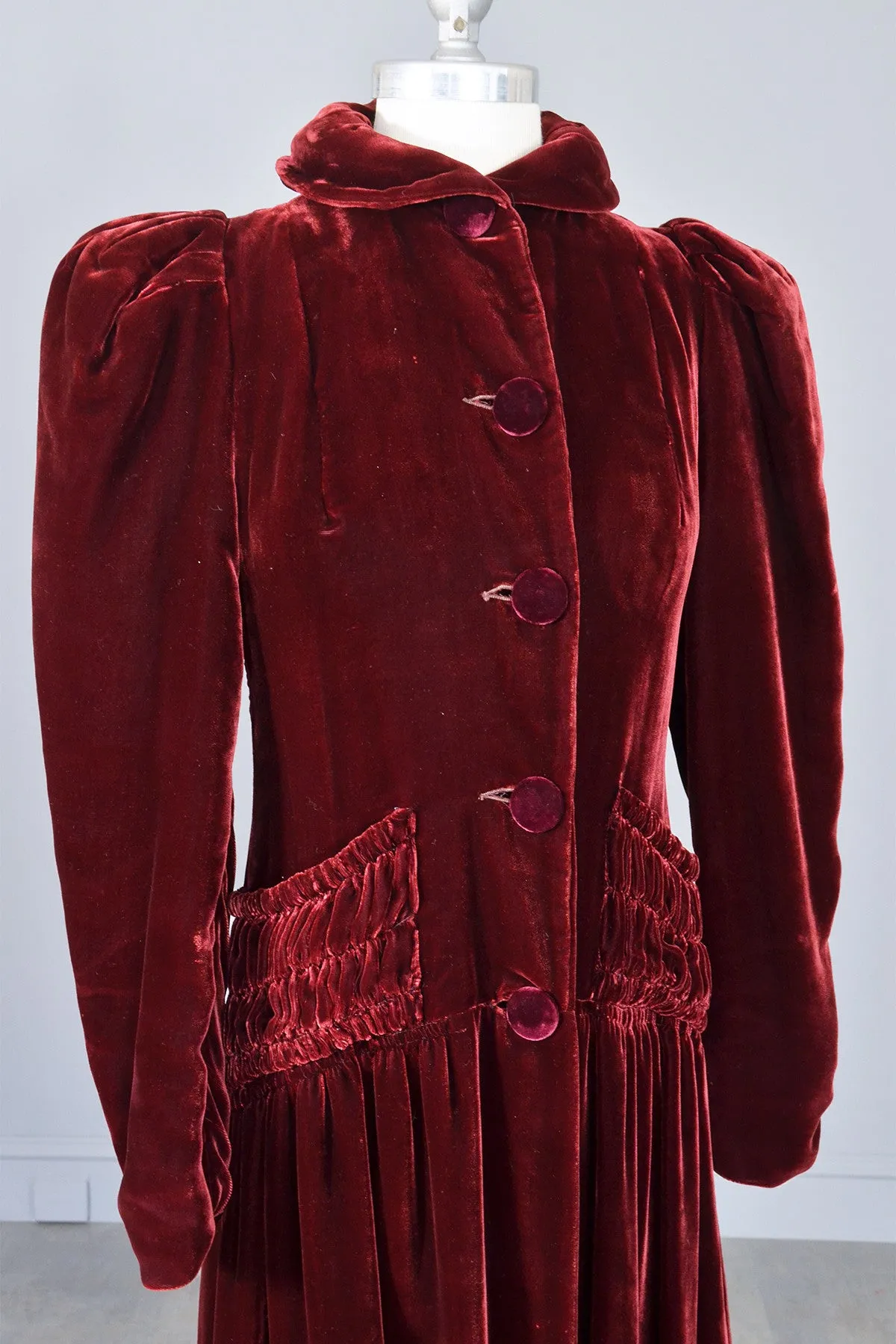 1930s 40s Merlot Velvet Maxi Vintage Evening Dress Coat