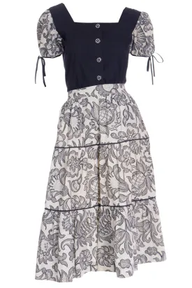 1960s Vintage 2 Pc Dress in Black & White Lace Print Skirt & Top