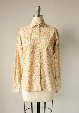 1970s Shirt Cotton Floral Blouse S