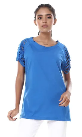 57184 Perforated Cuts Short Sleeves Blue T-Shirt