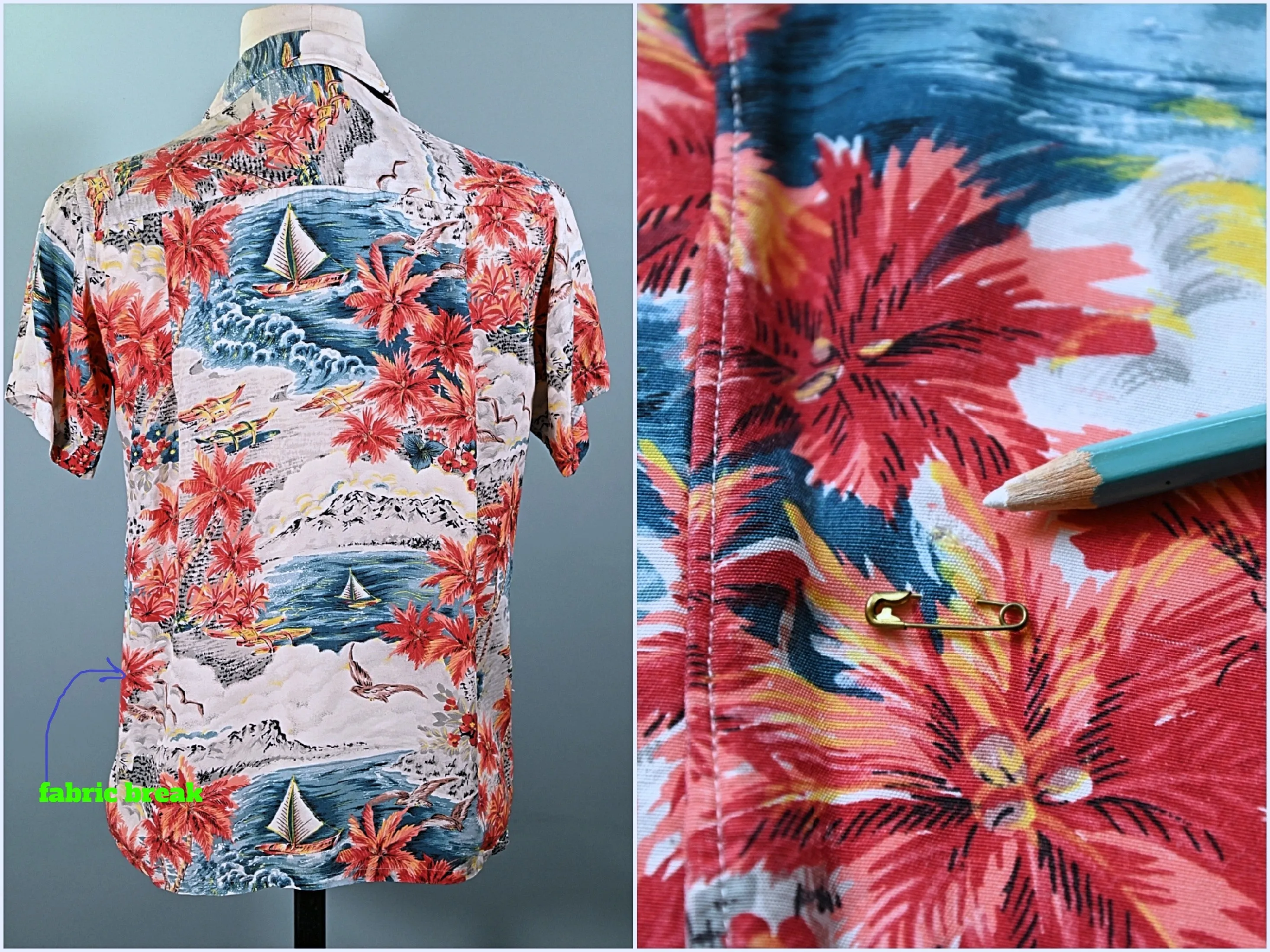 Aloha Screen Print Vintage 50s Rayon Hawaiian Shirt, Made in Japan M