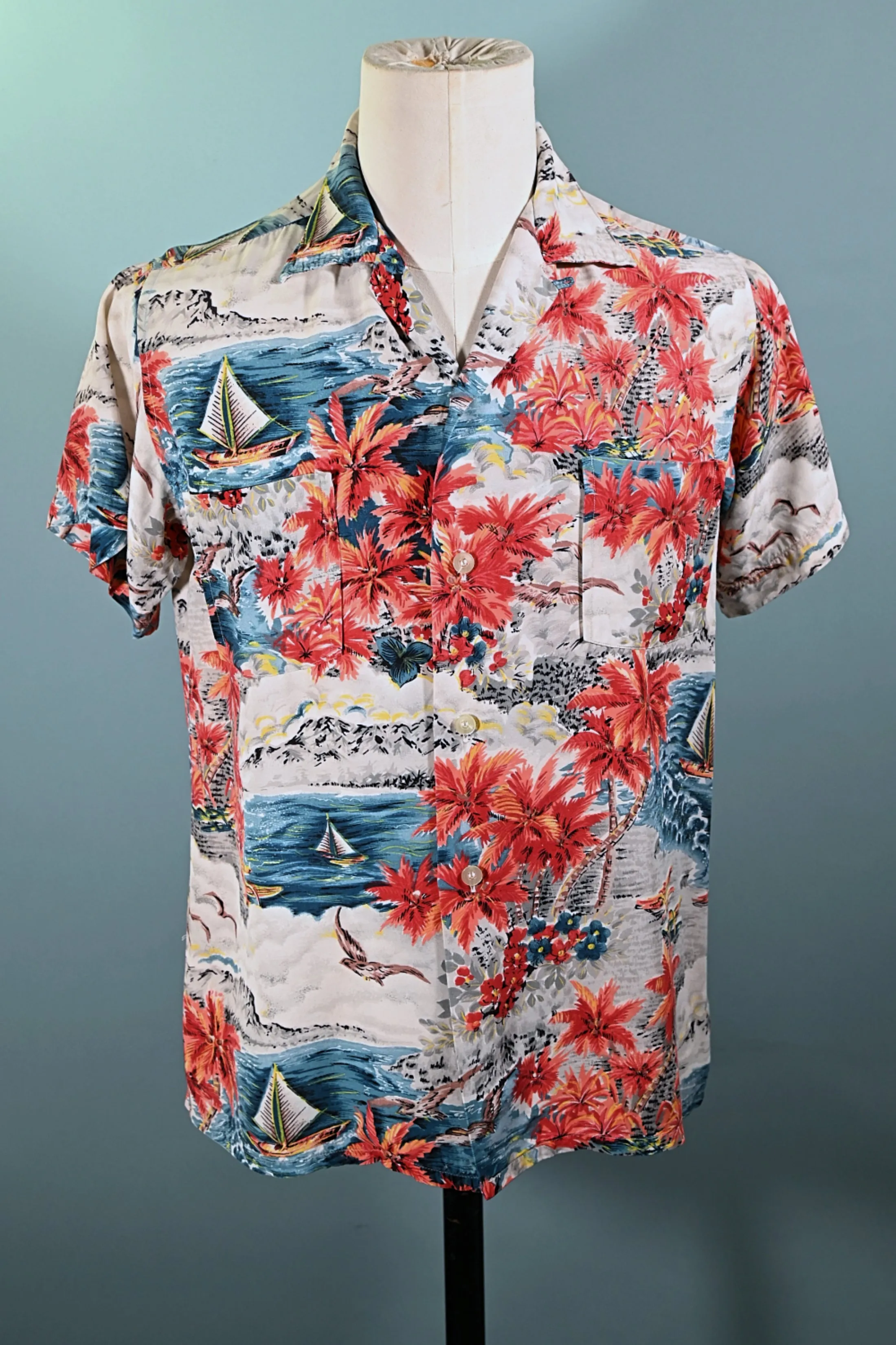 Aloha Screen Print Vintage 50s Rayon Hawaiian Shirt, Made in Japan M