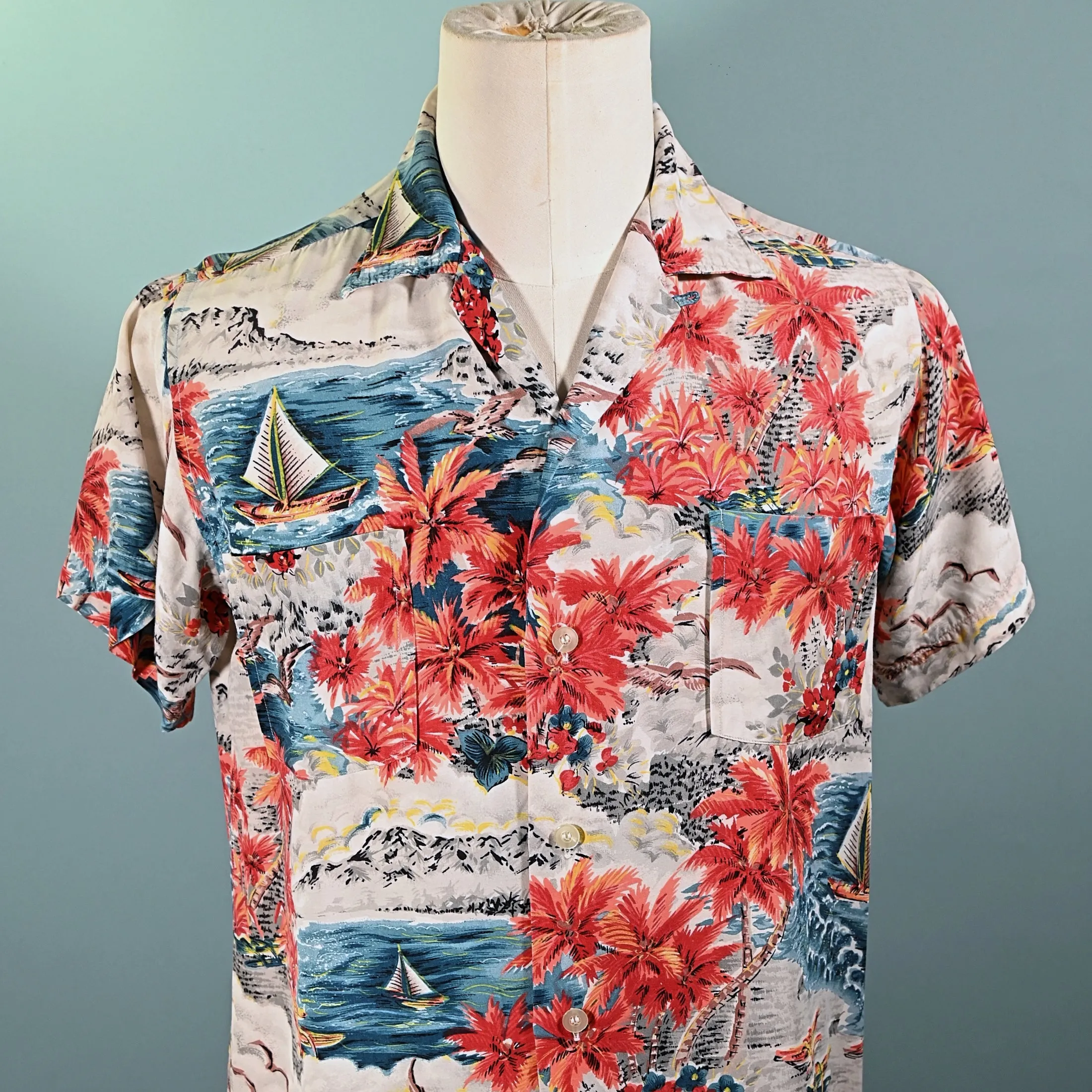 Aloha Screen Print Vintage 50s Rayon Hawaiian Shirt, Made in Japan M