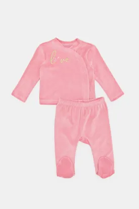 Babies Pink Textured Printed Pyjama Set (2 Piece)