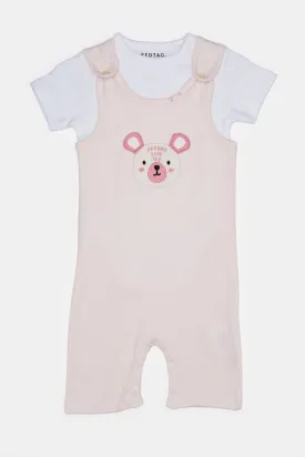 Baby Beige And White Printed Dungaree Set (2 Piece)