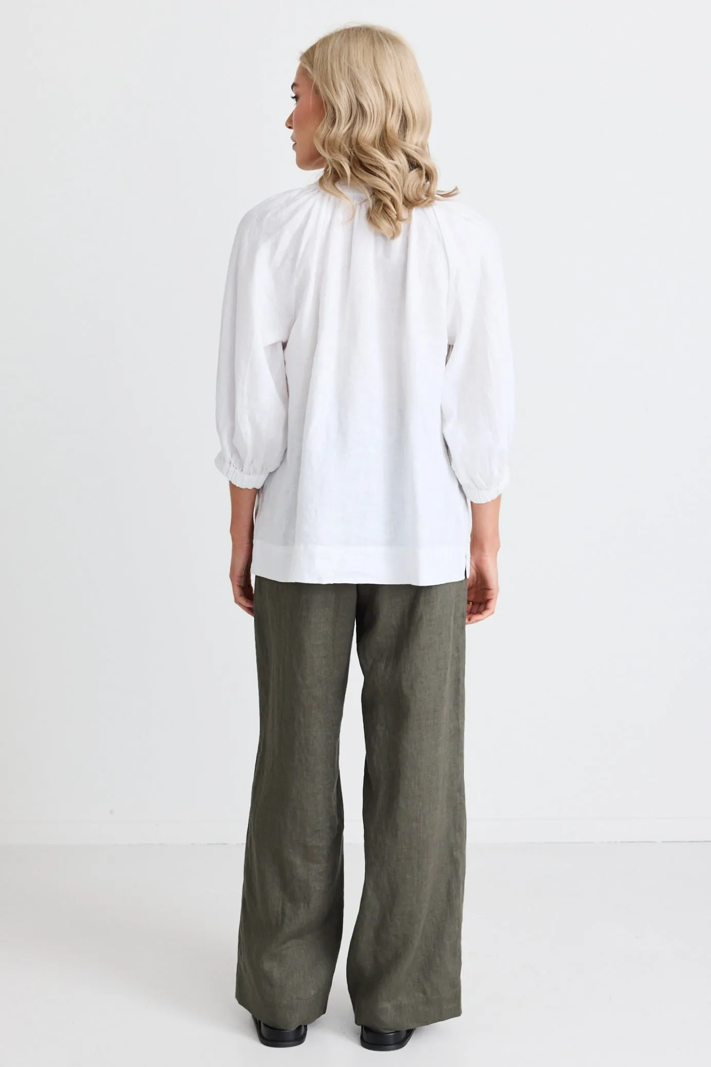 Bestow Dark Olive Linen Elastic Back Wide Leg Pants