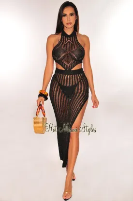 Black Crochet Halter Hanky Tie Up Slit Skirt Cover Up Two Piece Set