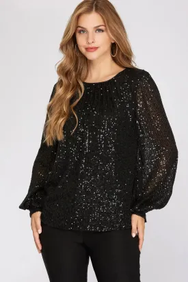 Black Long Balloon Sleeve Sequin Top