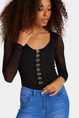 Black Mesh Sleeve Eyelet Bodysuit