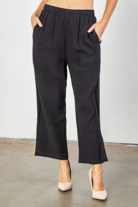 Black Wide Leg Textured Split Cuff Pants