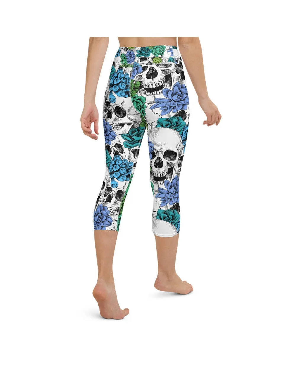 Blue Floral Skulls Yoga Capris