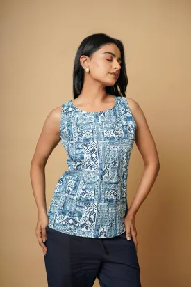 Blue Hand Block Cotton Tank Top