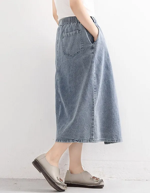 Buckle Hem Irregular Denim Mid-length Skirt