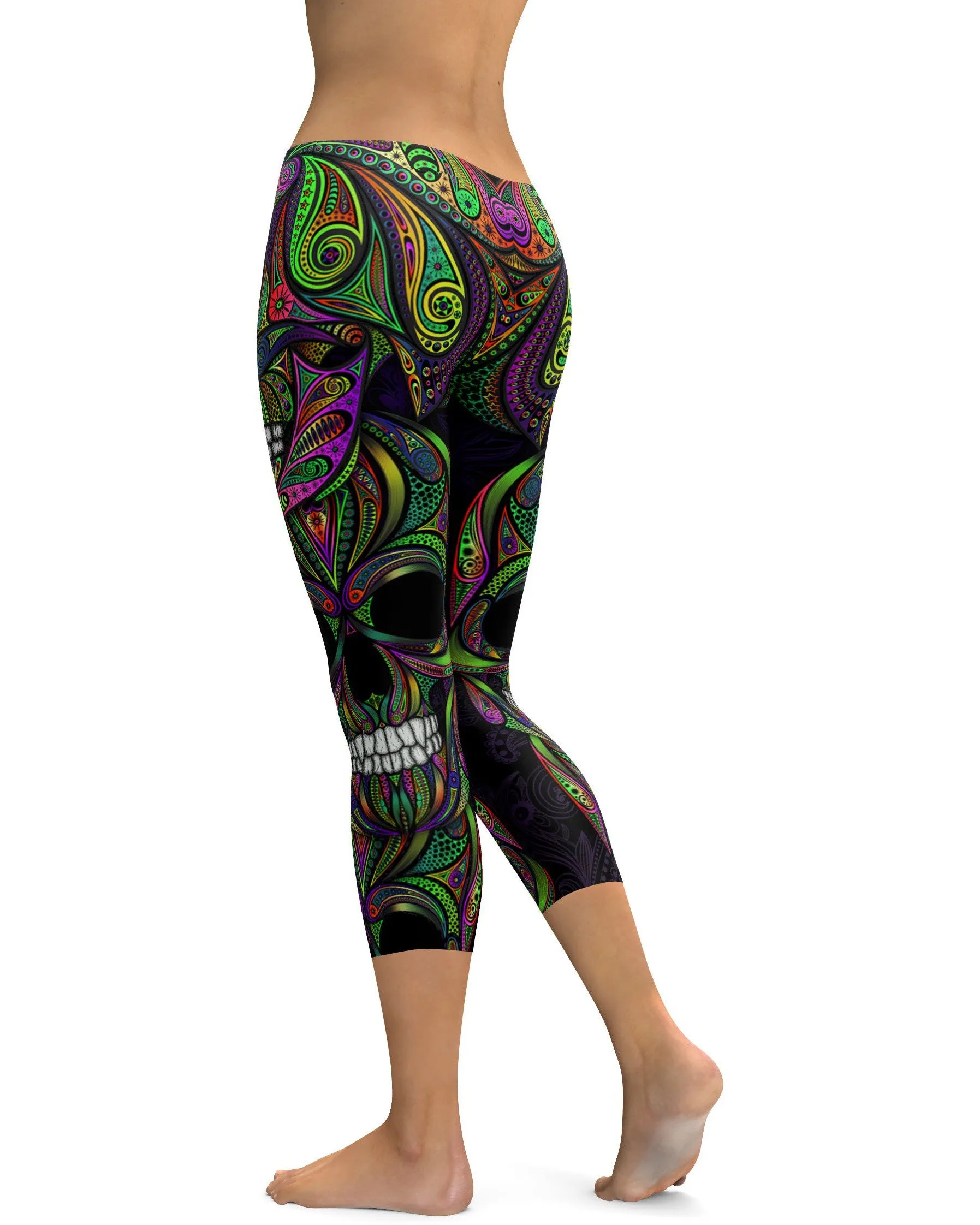 Colorful Green Ornamental Skull Capris