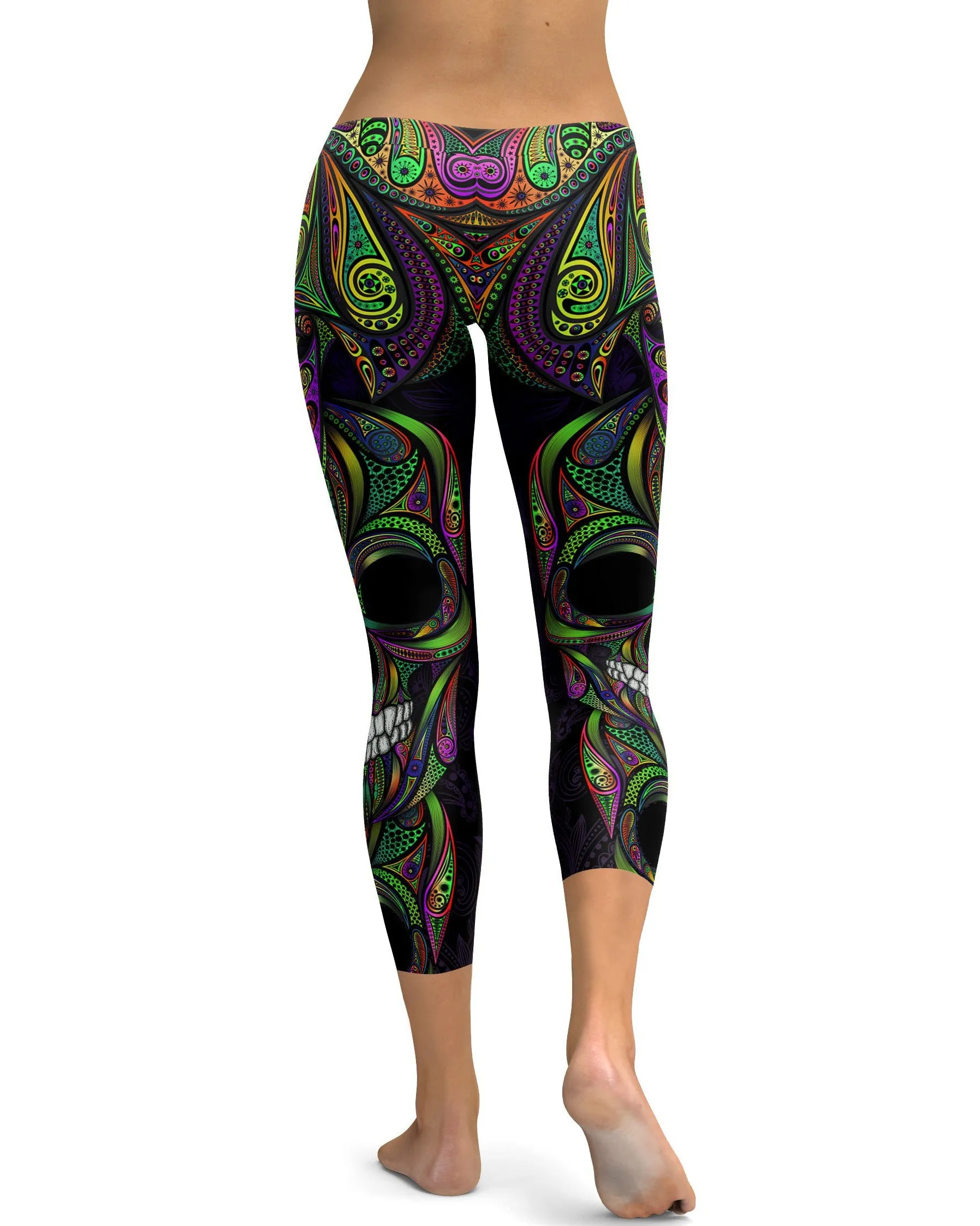 Colorful Green Ornamental Skull Capris