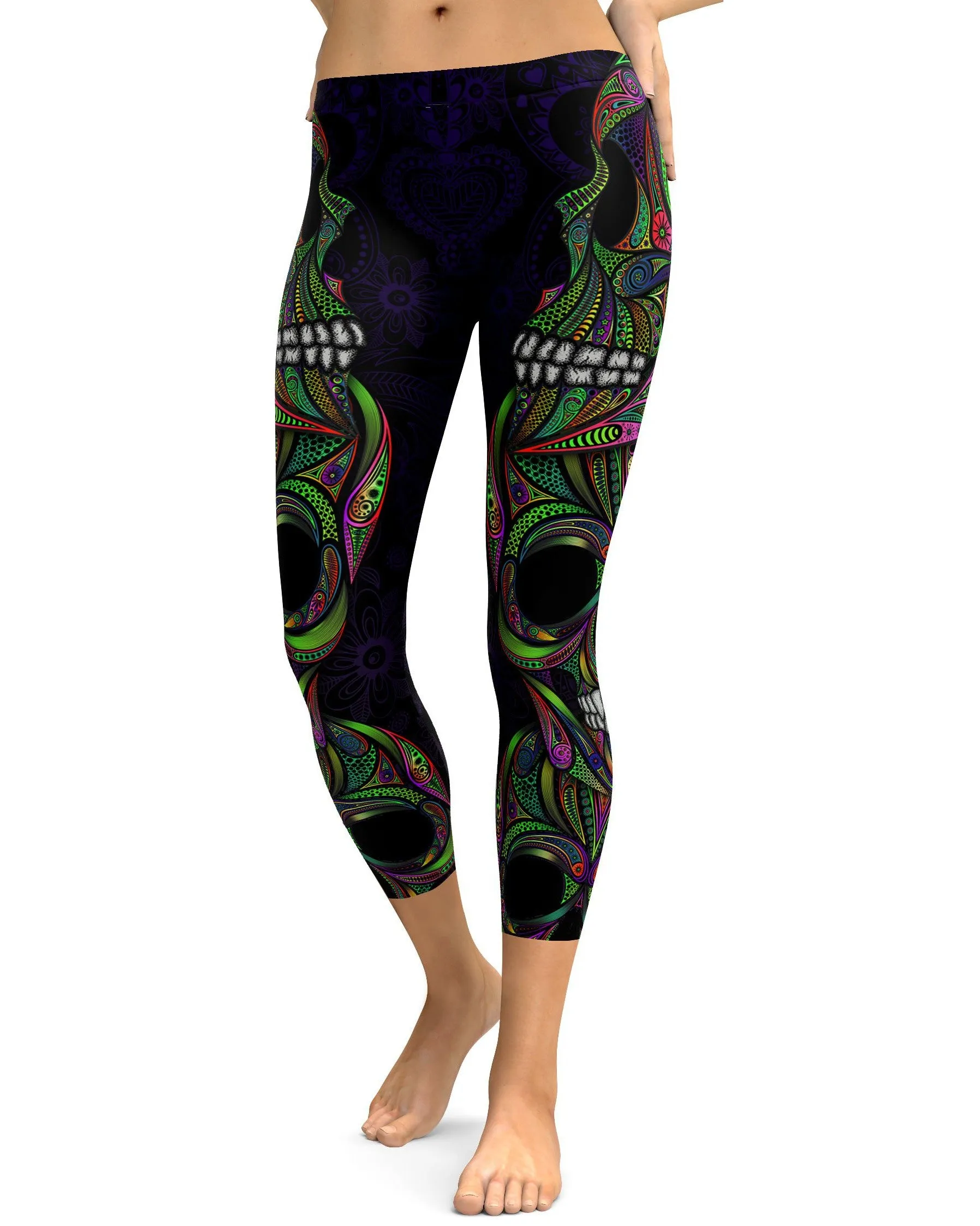 Colorful Green Ornamental Skull Capris