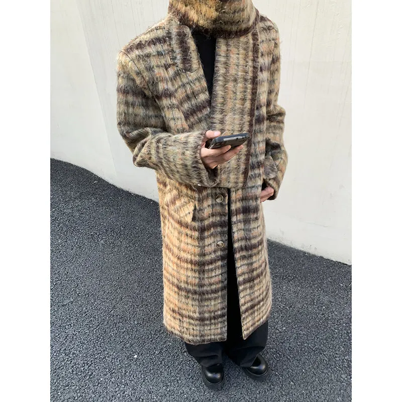 Contrast Color Long Plaid Wool Trench Coat