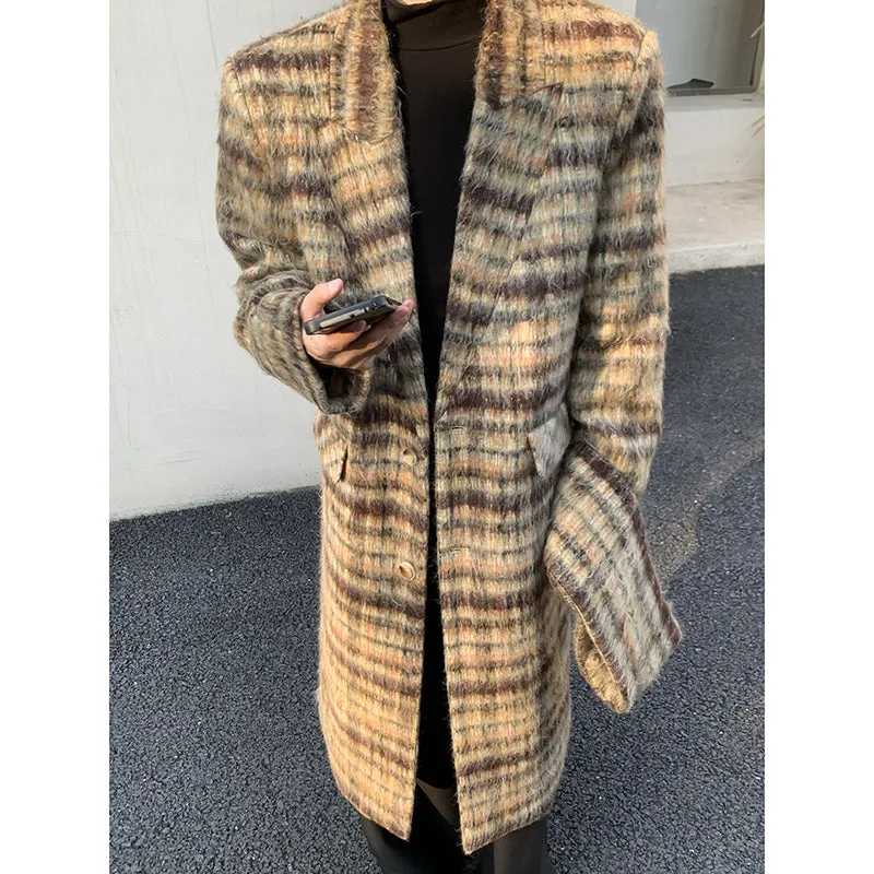 Contrast Color Long Plaid Wool Trench Coat