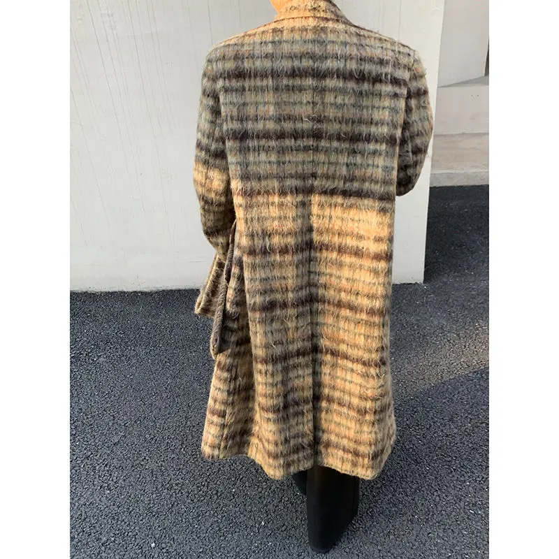 Contrast Color Long Plaid Wool Trench Coat