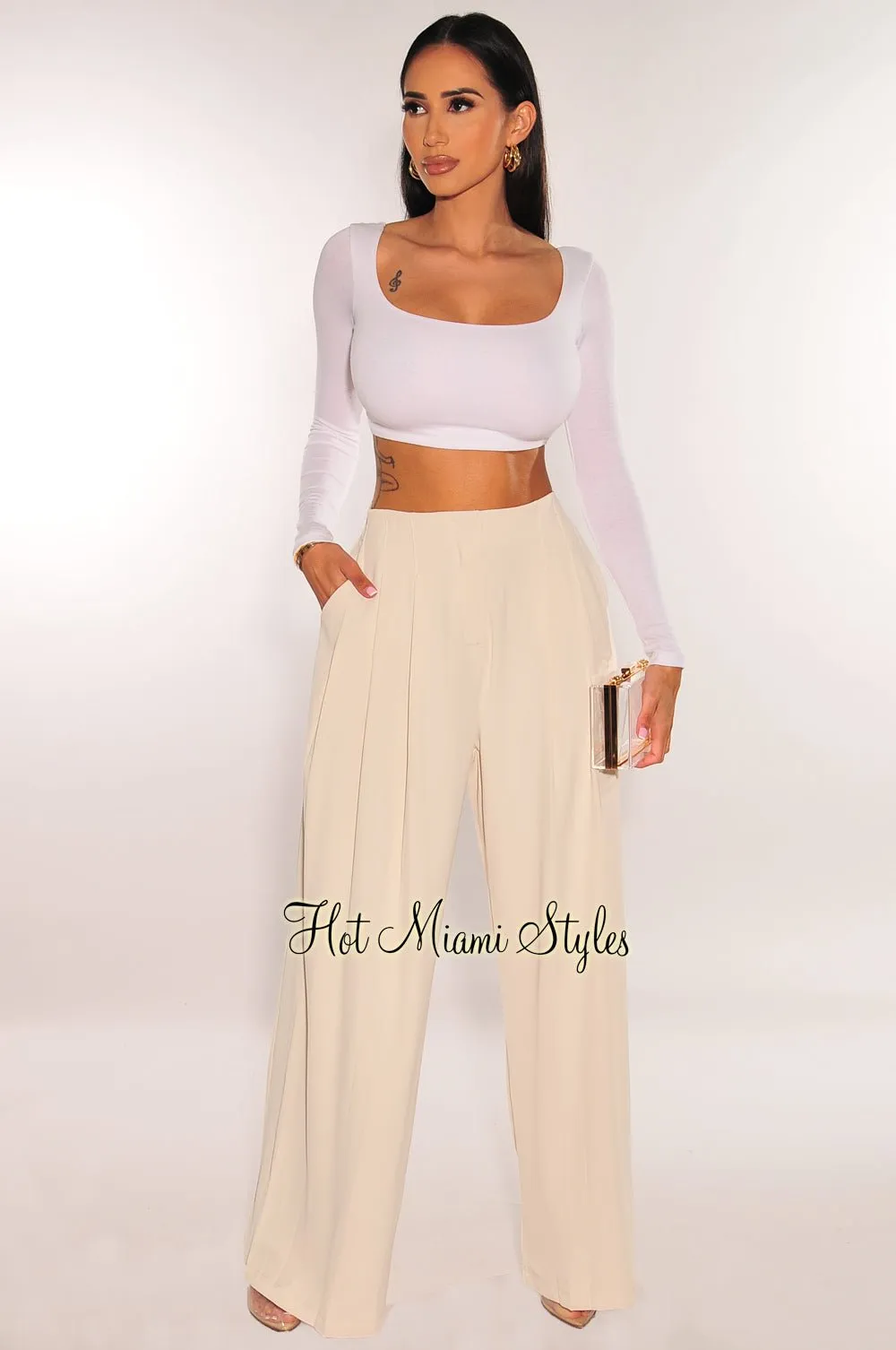 Cream High Waist Pleated Wide Leg Pants