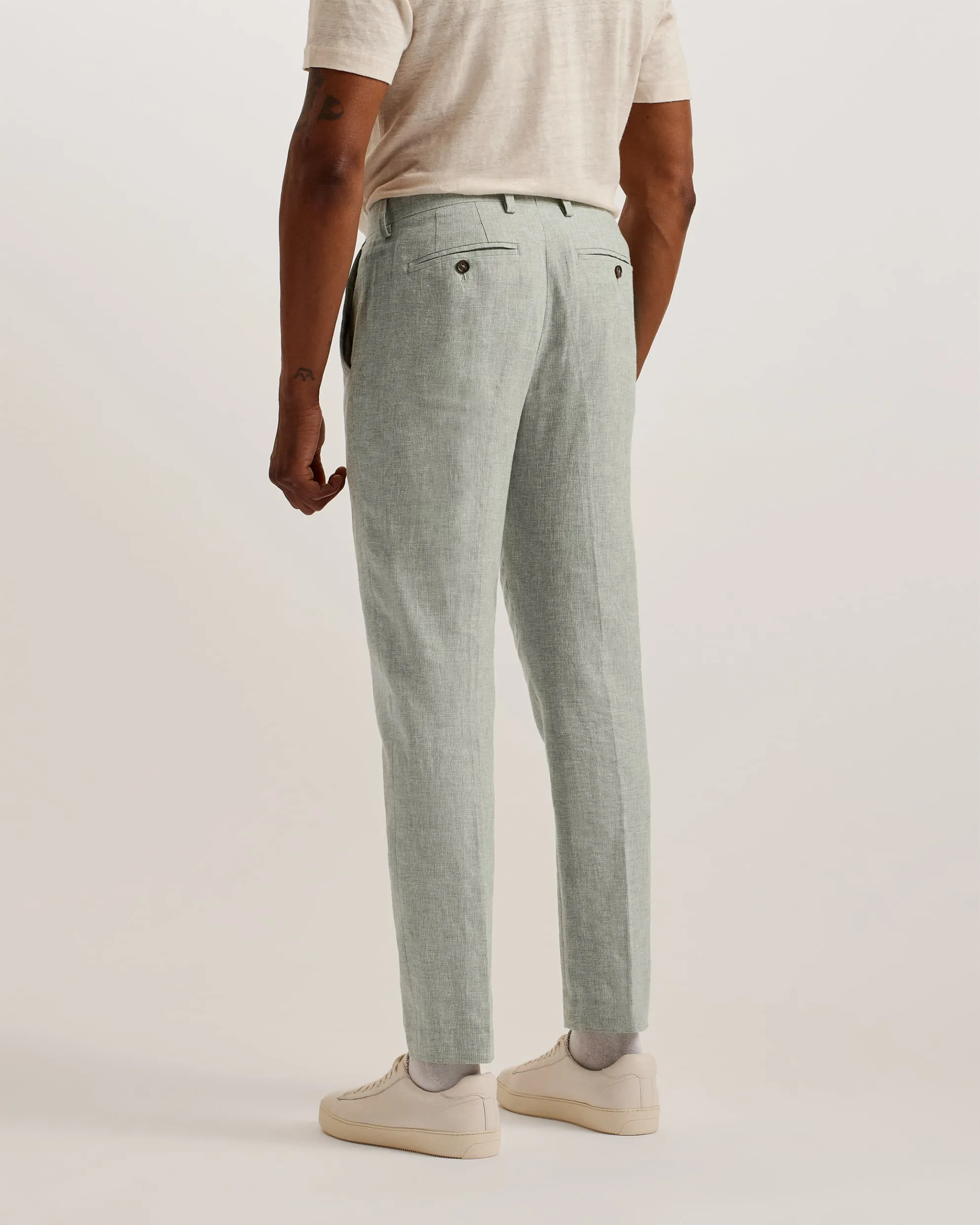 Damaskt Slim Fit Linen Tailored Trousers Olive