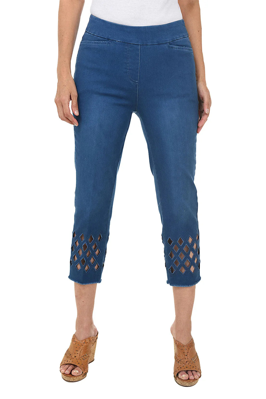 Diamond Cut-Out Denim Capri Pant