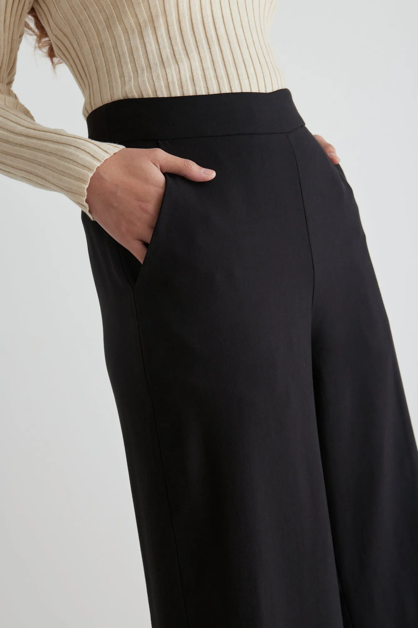 Effortless Black Viscose Deep Band Wide Leg Pant