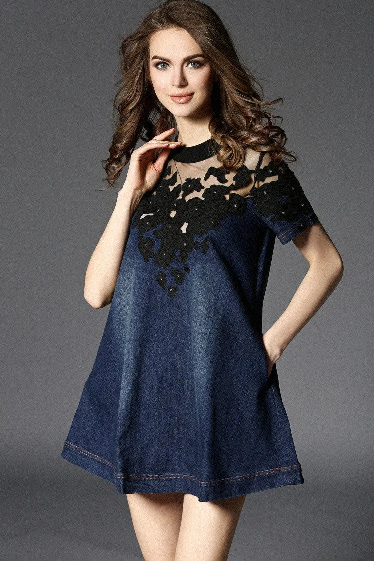 Embroidered Lace Denim Dress