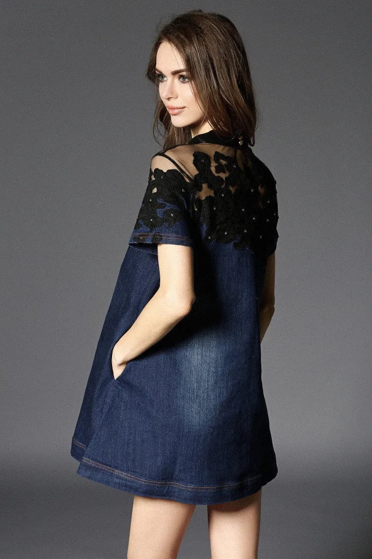 Embroidered Lace Denim Dress