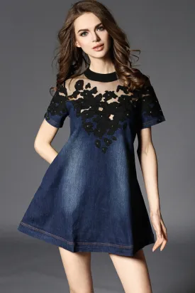 Embroidered Lace Denim Dress