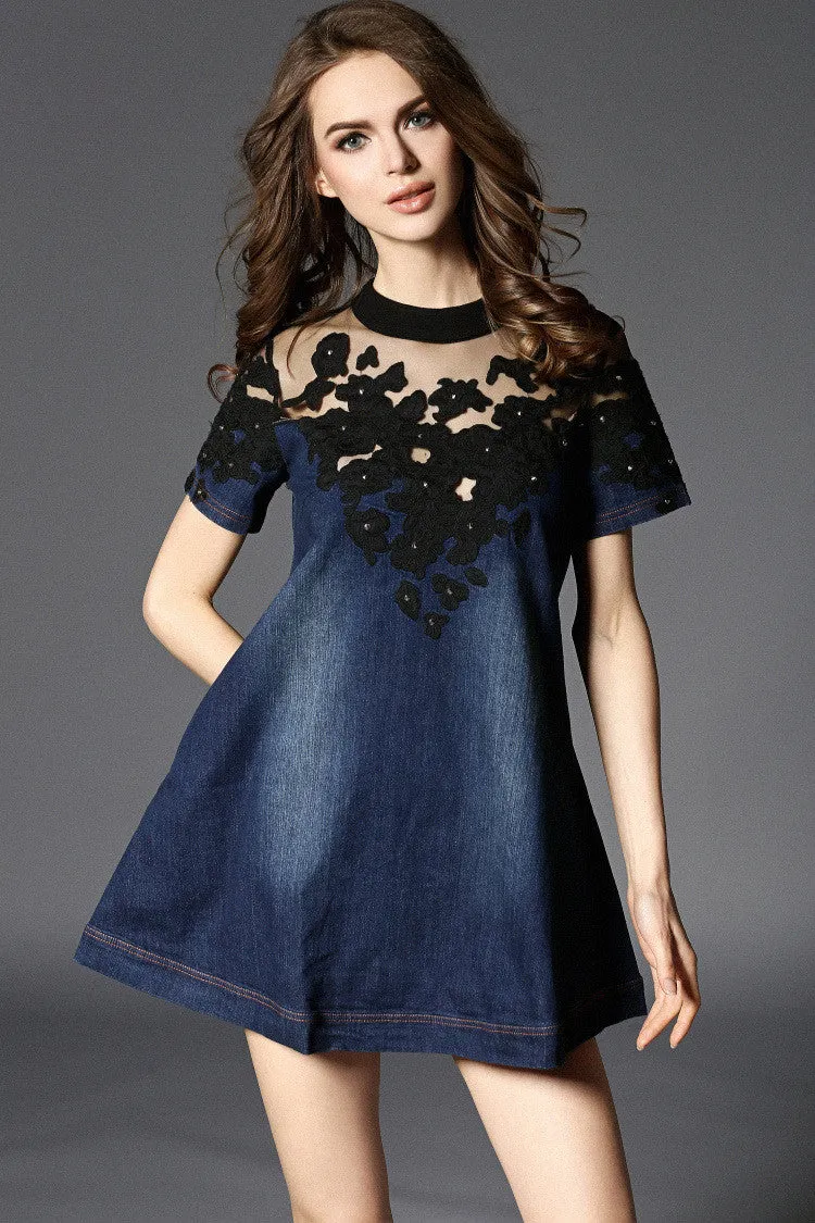 Embroidered Lace Denim Dress