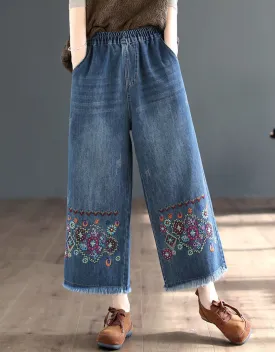 Embroidery Denim Wide Leg Pants