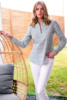 Endora Long Sleeve Half Zip Shirt Teal Blue Geometric Print