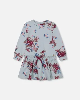 Fleece Dress Light Blue Printed Big Flowers