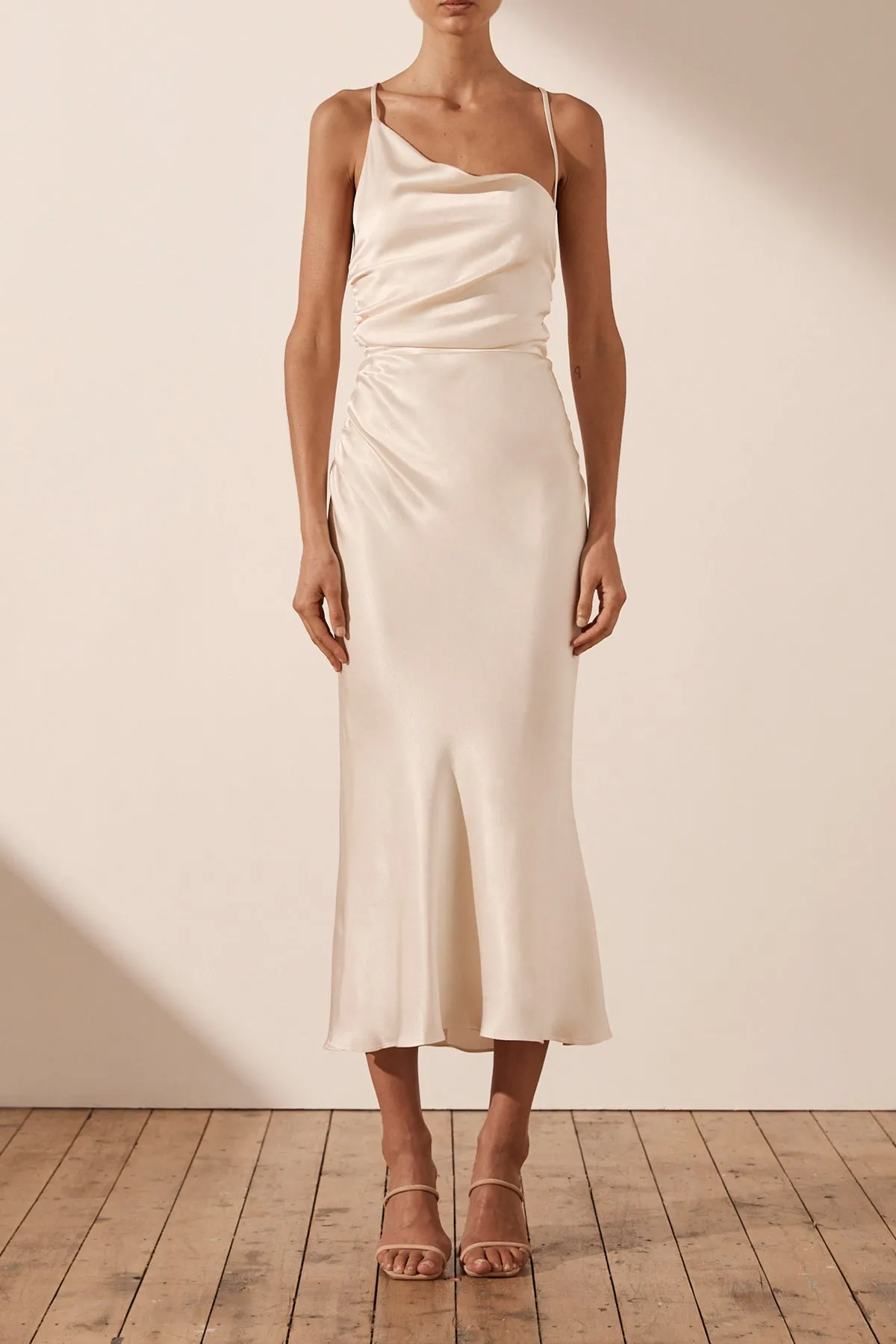 LA LUNE ASYMMETRICAL BIAS COWL MIDI DRESS - CREAM