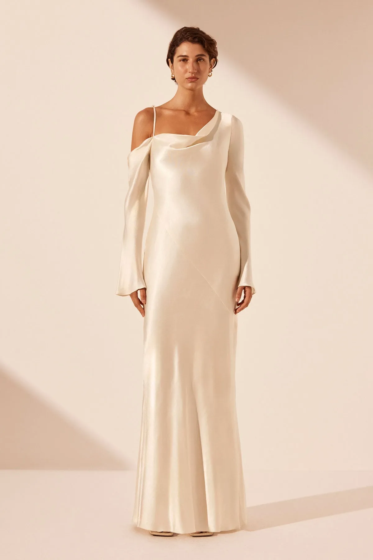 LA LUNE ASYMMETRICAL LONG SLEEVE MAXI DRESS - CREAM