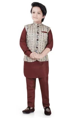 Maroon with Multicolor Digital Print and Thread Weaving work Waist Coat Kurta Set for Boys