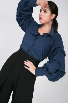 Navy Asymmetrical Ruffle Puff Blouse