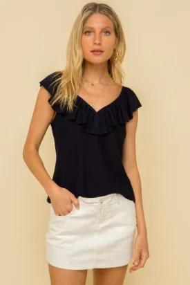 Navy Ruffle Knit Tie Back Tank