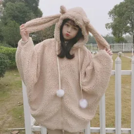 Oversized Bunny Puff Sleeved Hooded Wool Coat With Pom Pom