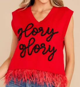 "glory Glory" Feather Sweater Tank In Red