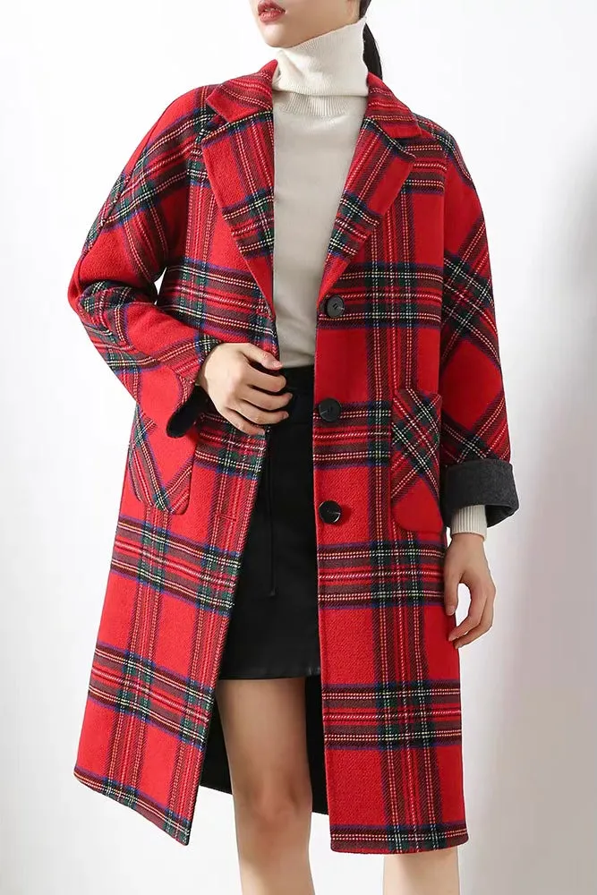 Red Plaid Wool Coat