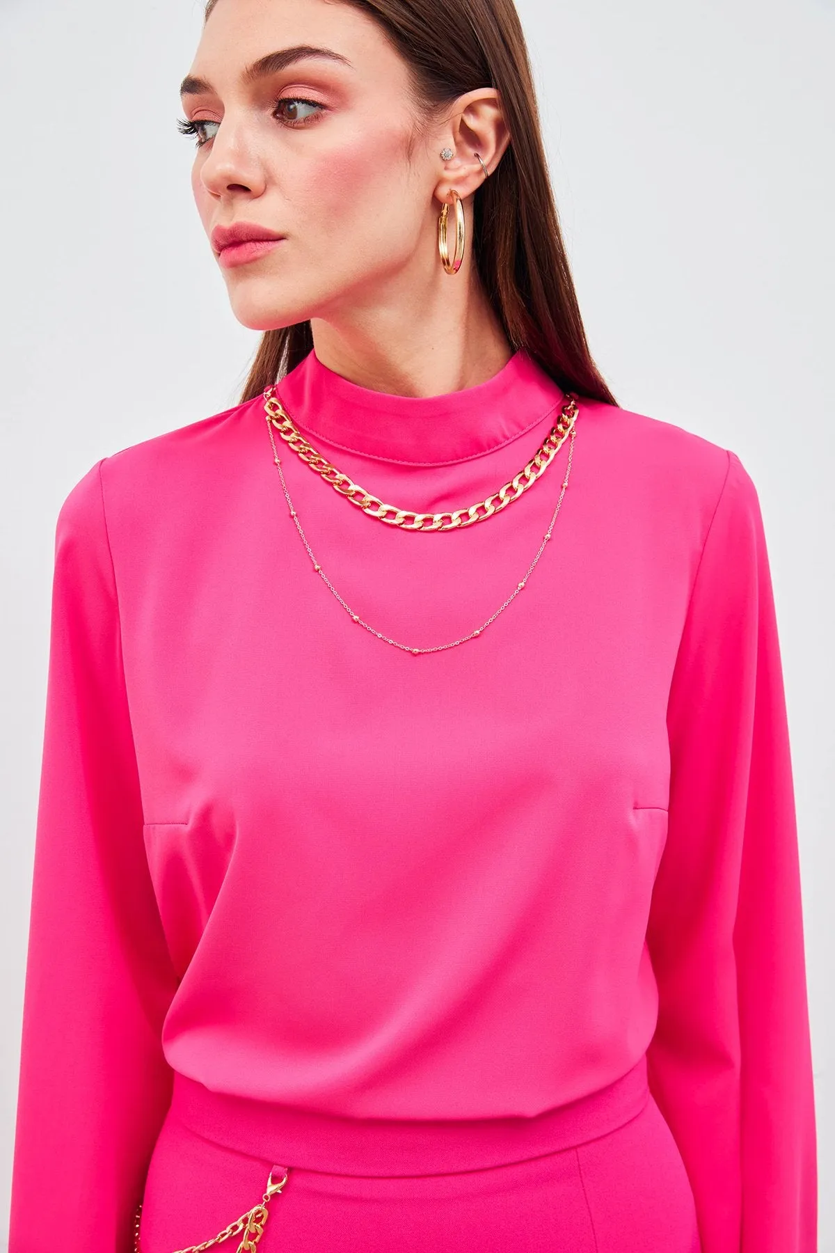 Spanish Sleeve Blouse with Necklace - Hot Pink