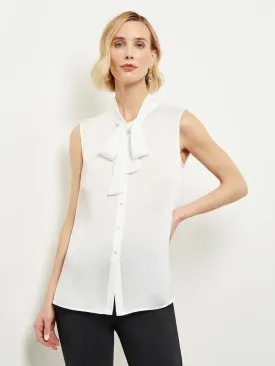 Tie-Neck Crepe de Chine Blouse, White