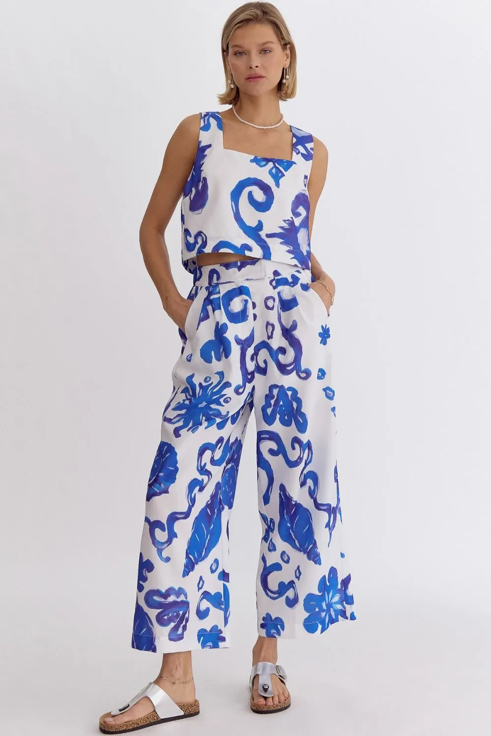 Tropical Print High-Wasited Wide Leg Pants