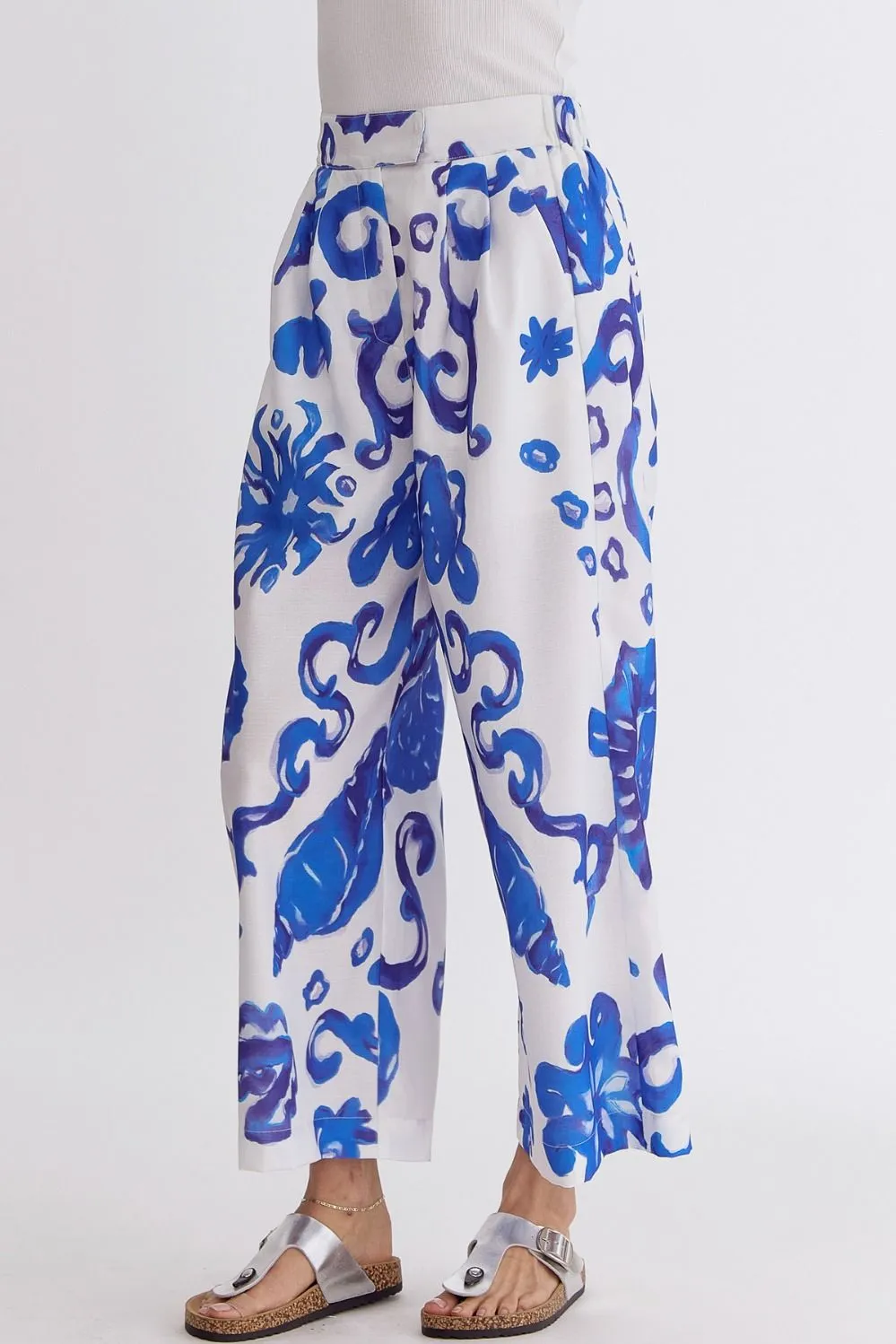 Tropical Print High-Wasited Wide Leg Pants