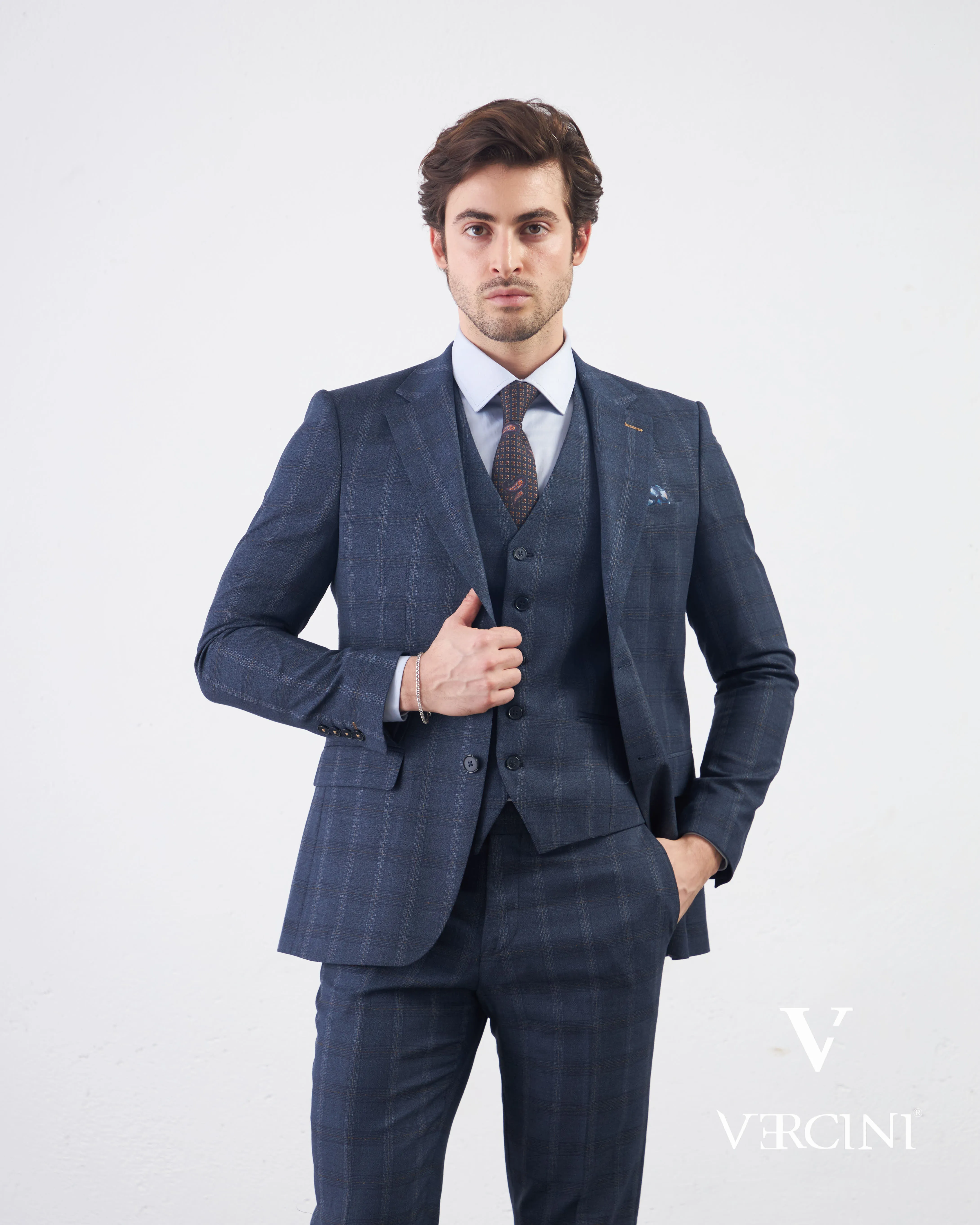 Vercini Sapphire Orbit Prestige plaid Three-Piece Men's Suit