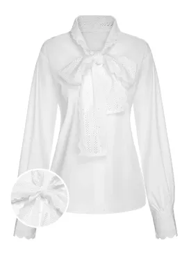 White 1950s Lace Tie Neck Solid Blouse